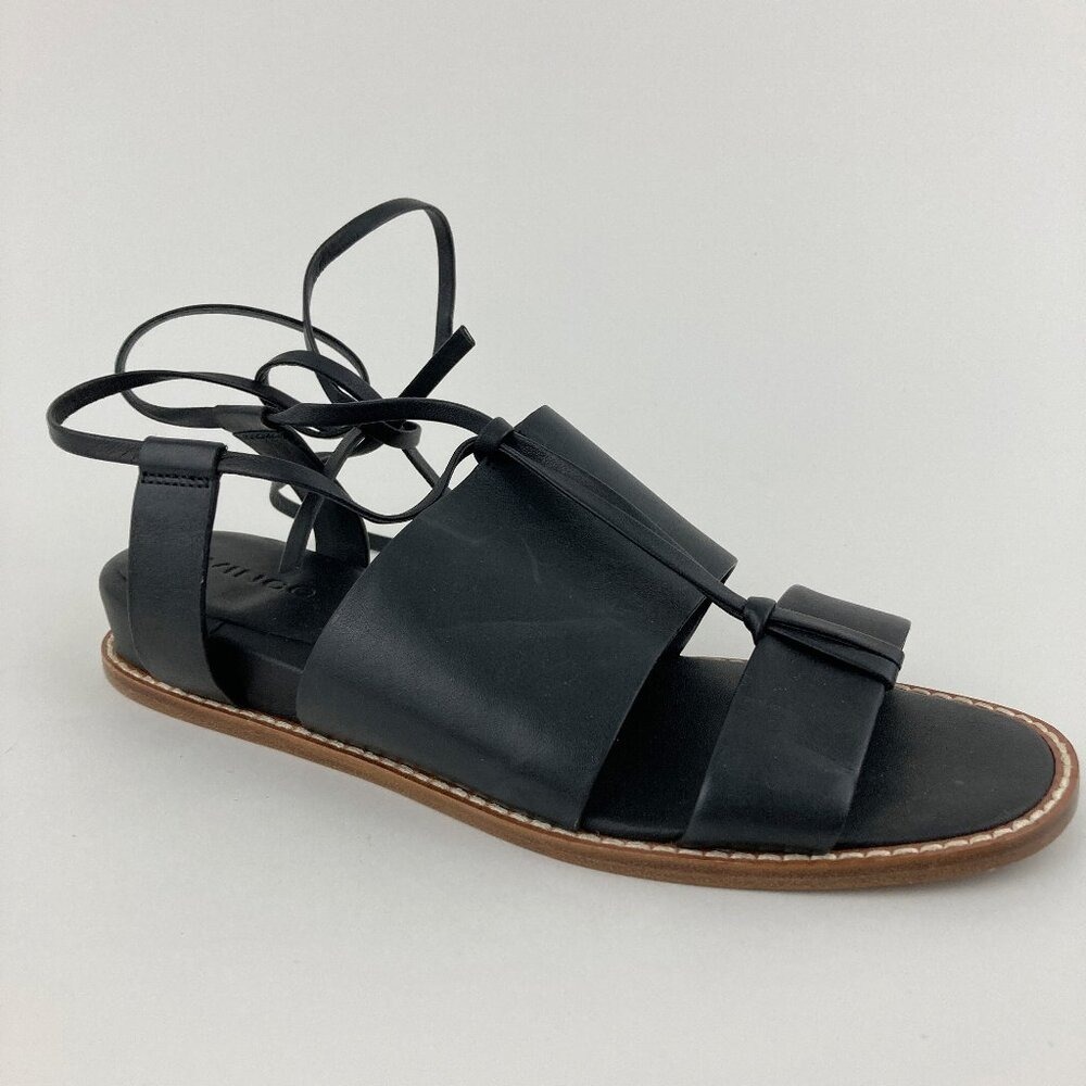 Vince Forster Black Leather Sandals Size 6.5M Ankle Wrap Tie Low Wedge Heel